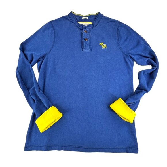 Vtg Abercrombie & Fitch Henley Shirt Muscle Fit XL Blue Yellow Moose Logo Cuff - Picture 1 of 7
